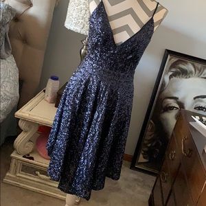 Designer blue sequin backless dress